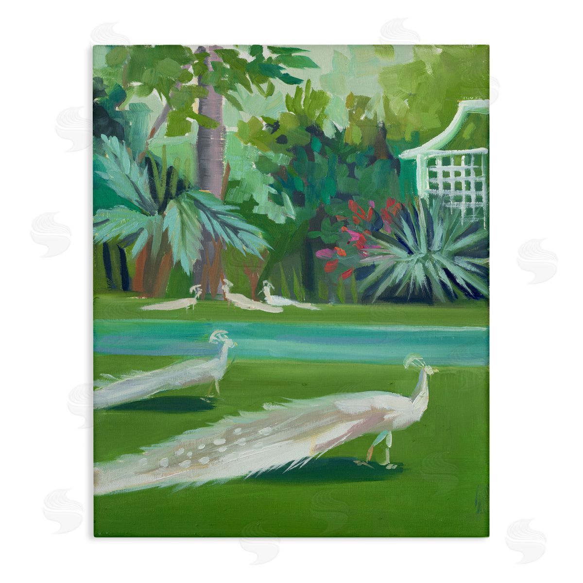 White Peacocks Scene Canvas Wall Art, Home Decor by Jenny Westenhofer