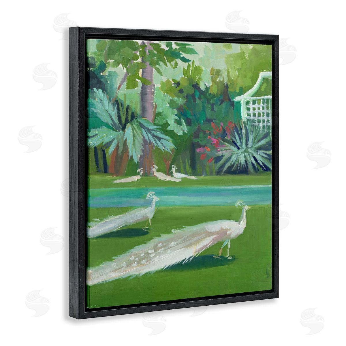 White Peacocks Scene Black Floating Frame Canvas Wall Art, Home Decor by Jenny Westenhofer