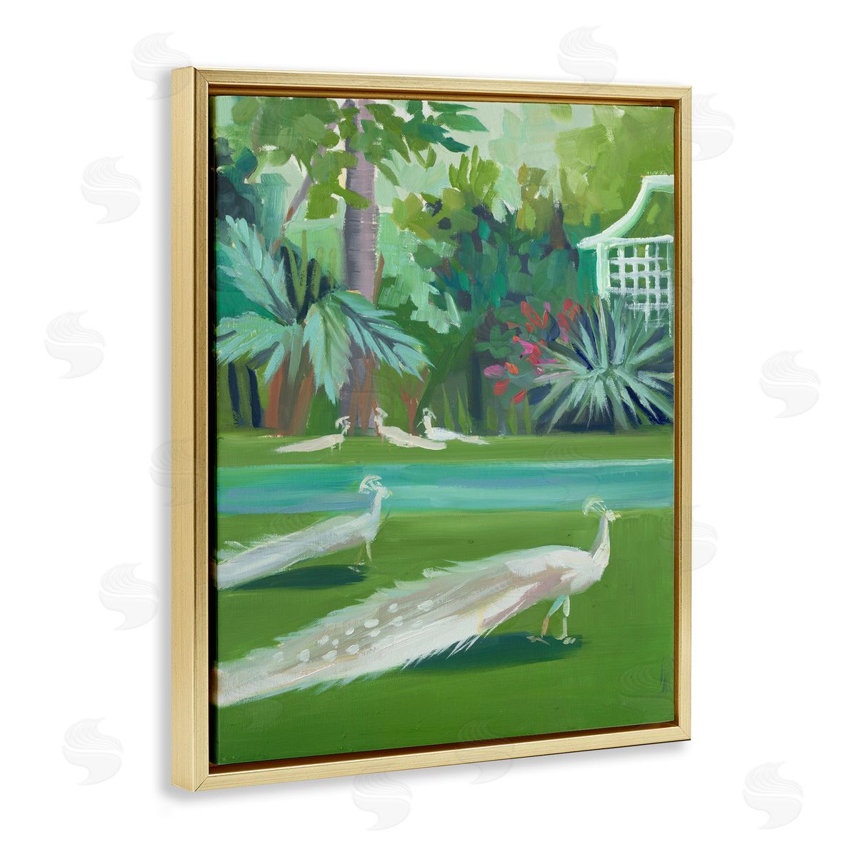 White Peacocks Scene Gold Floating Frame Canvas Wall Art, Home Decor by Jenny Westenhofer