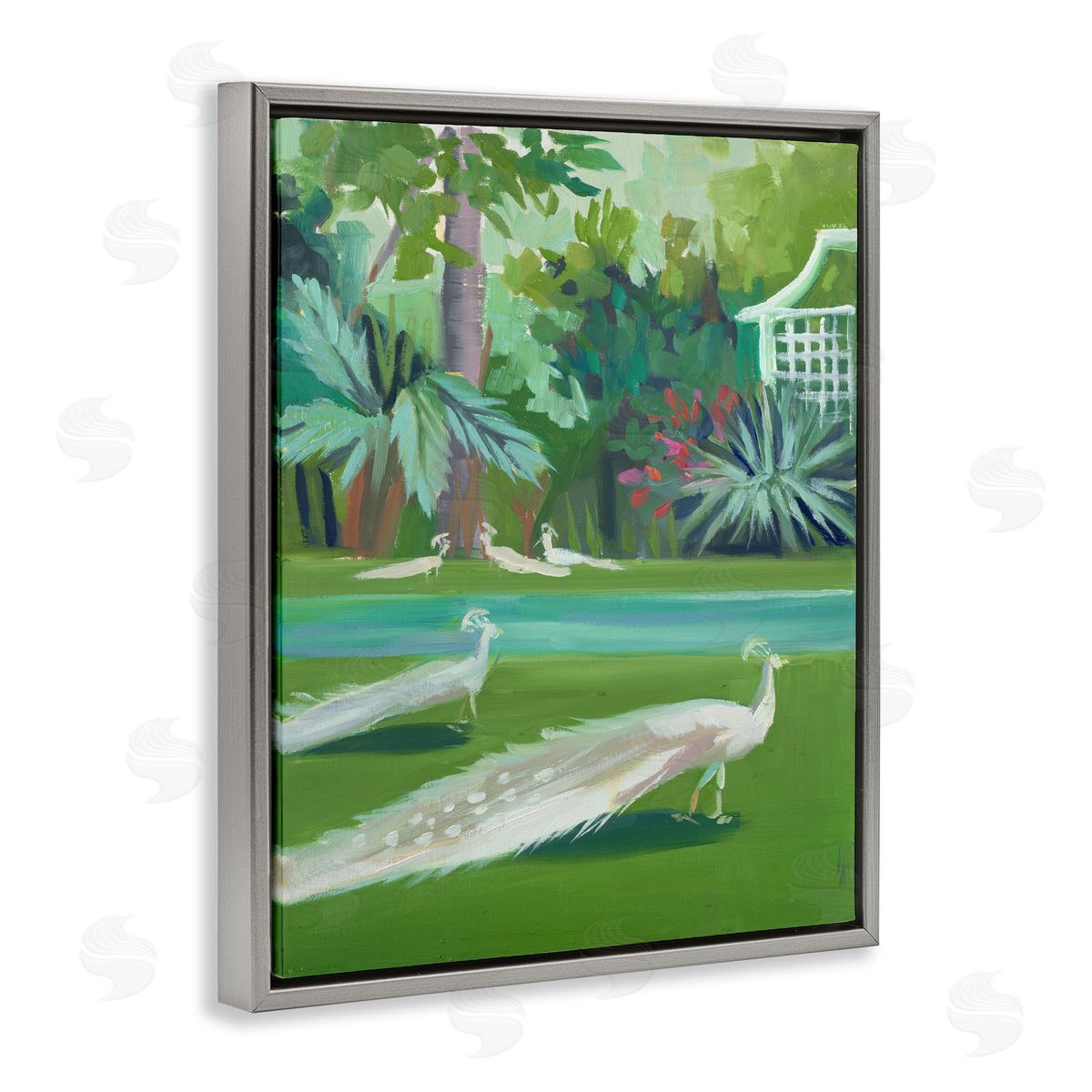 White Peacocks Scene Grey Floating Frame Canvas Wall Art, Home Decor by Jenny Westenhofer