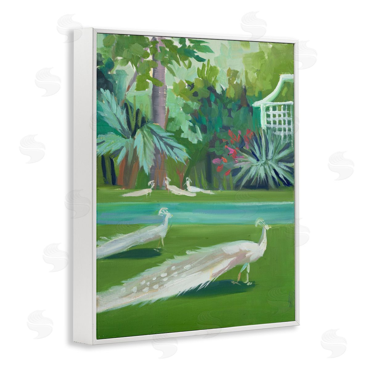 White Peacocks Scene White Frame Print Wall Art, Home Decor by Jenny Westenhofer