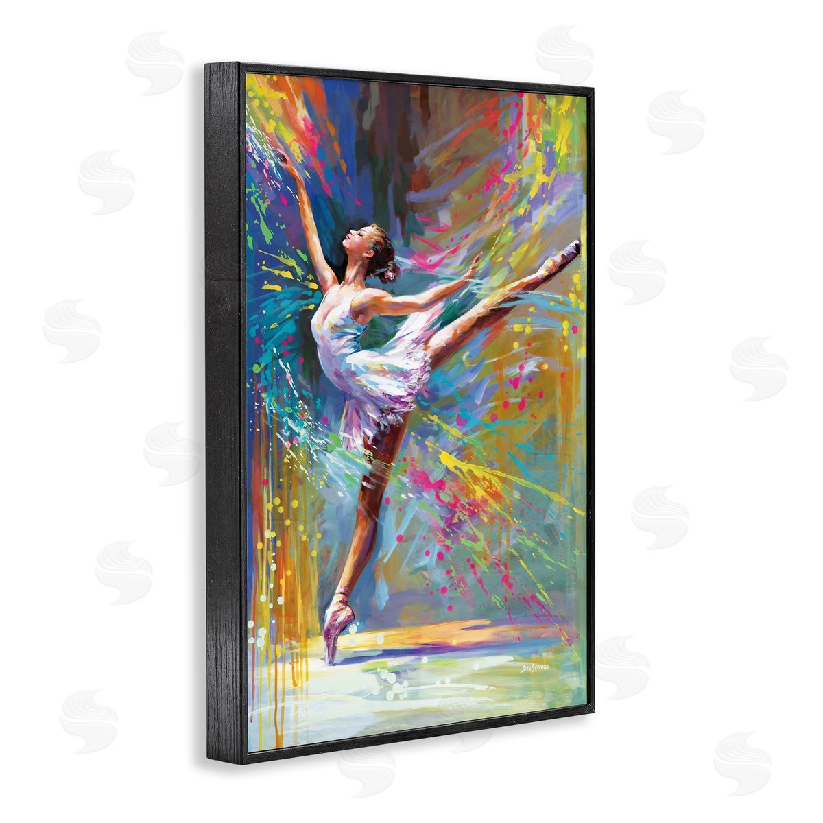 Ballerina with Modern Splash Black Frame Print Wall Art, Home Decor by Leon Devenice