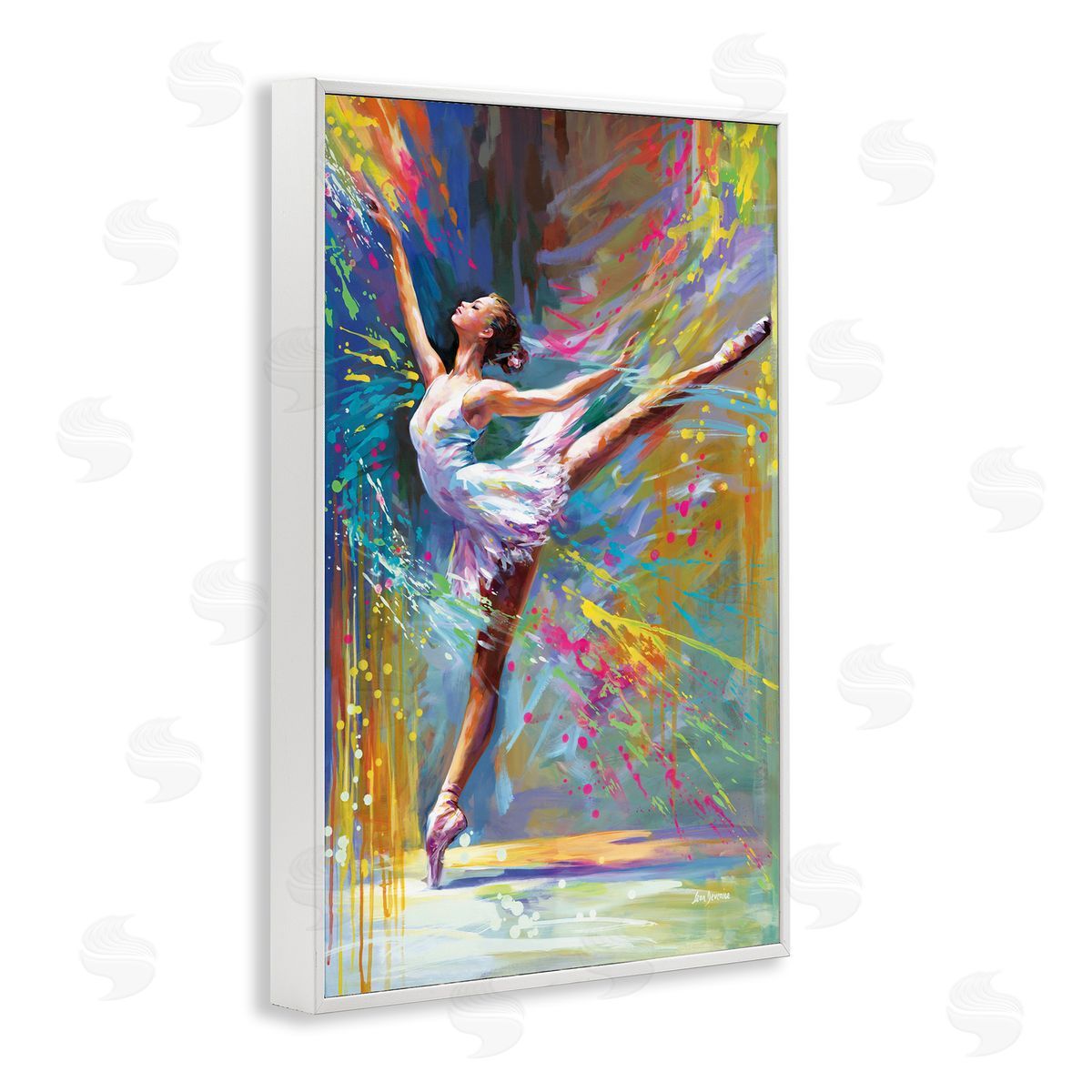 Ballerina with Modern Splash White Frame Print Wall Art, Home Decor by Leon Devenice