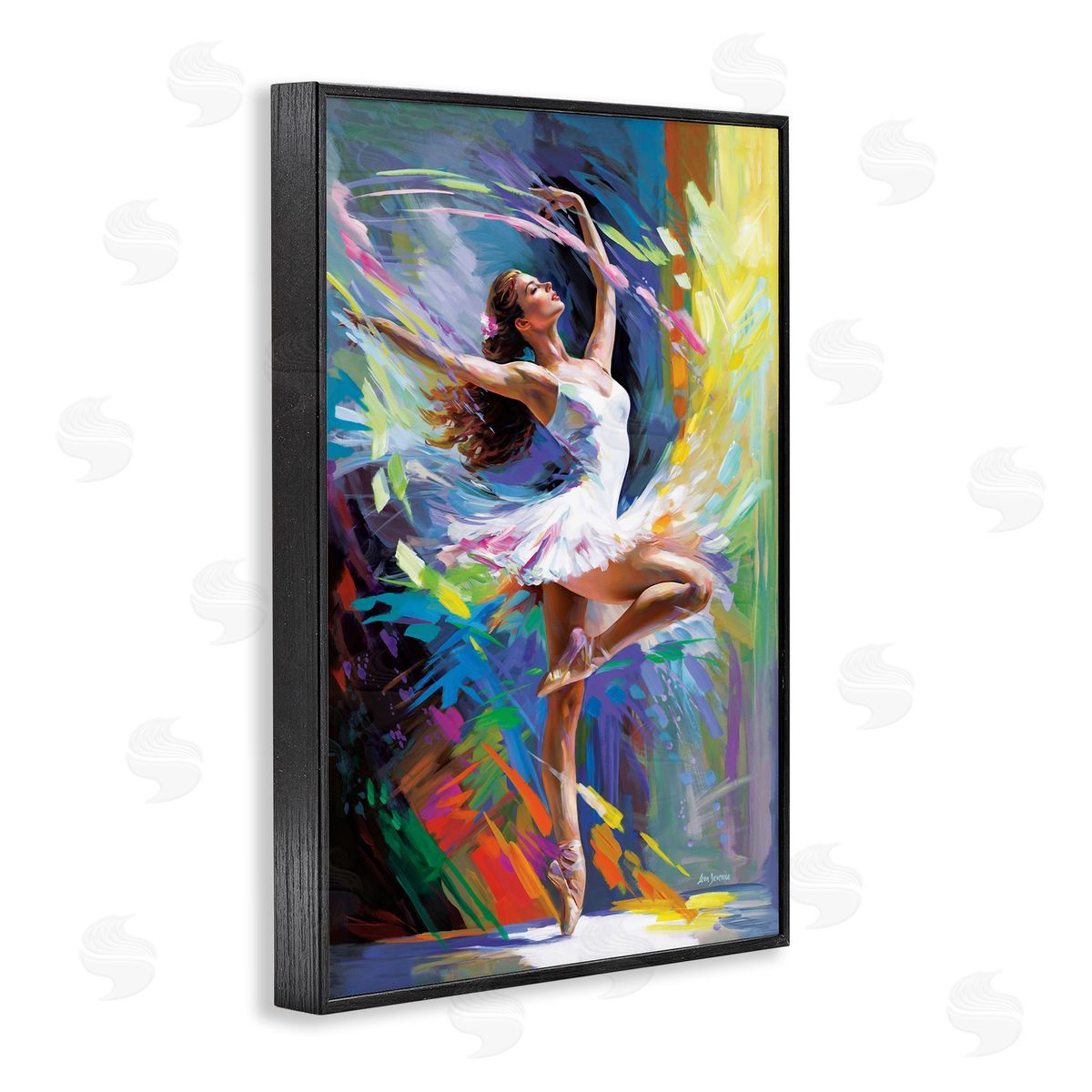 Bright Hued Dancing Ballerina Black Frame Print Wall Art, Home Decor by Leon Devenice