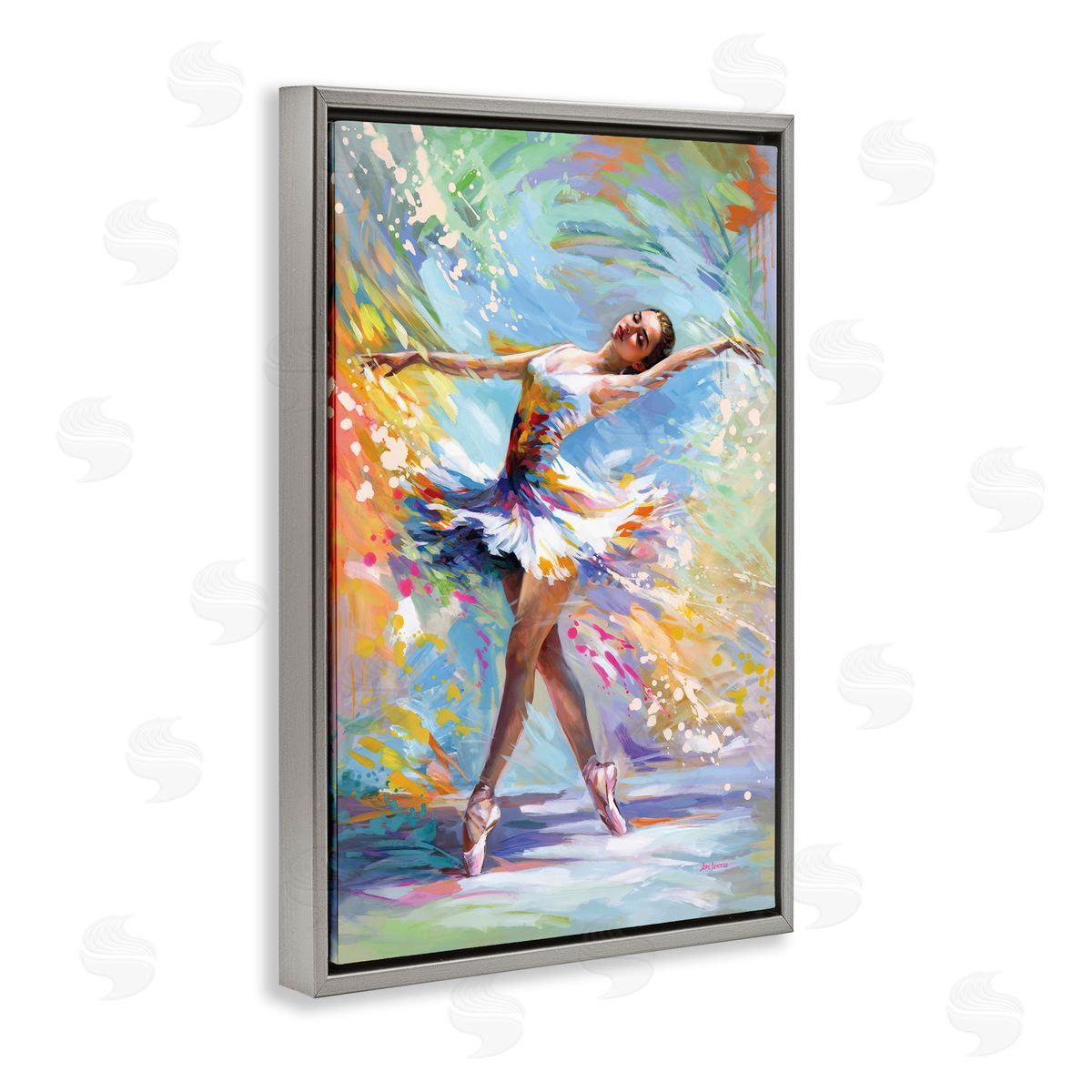 Ballerina on Pastel Splatter Grey Floating Frame Canvas Wall Art, Home Decor by Leon Devenice