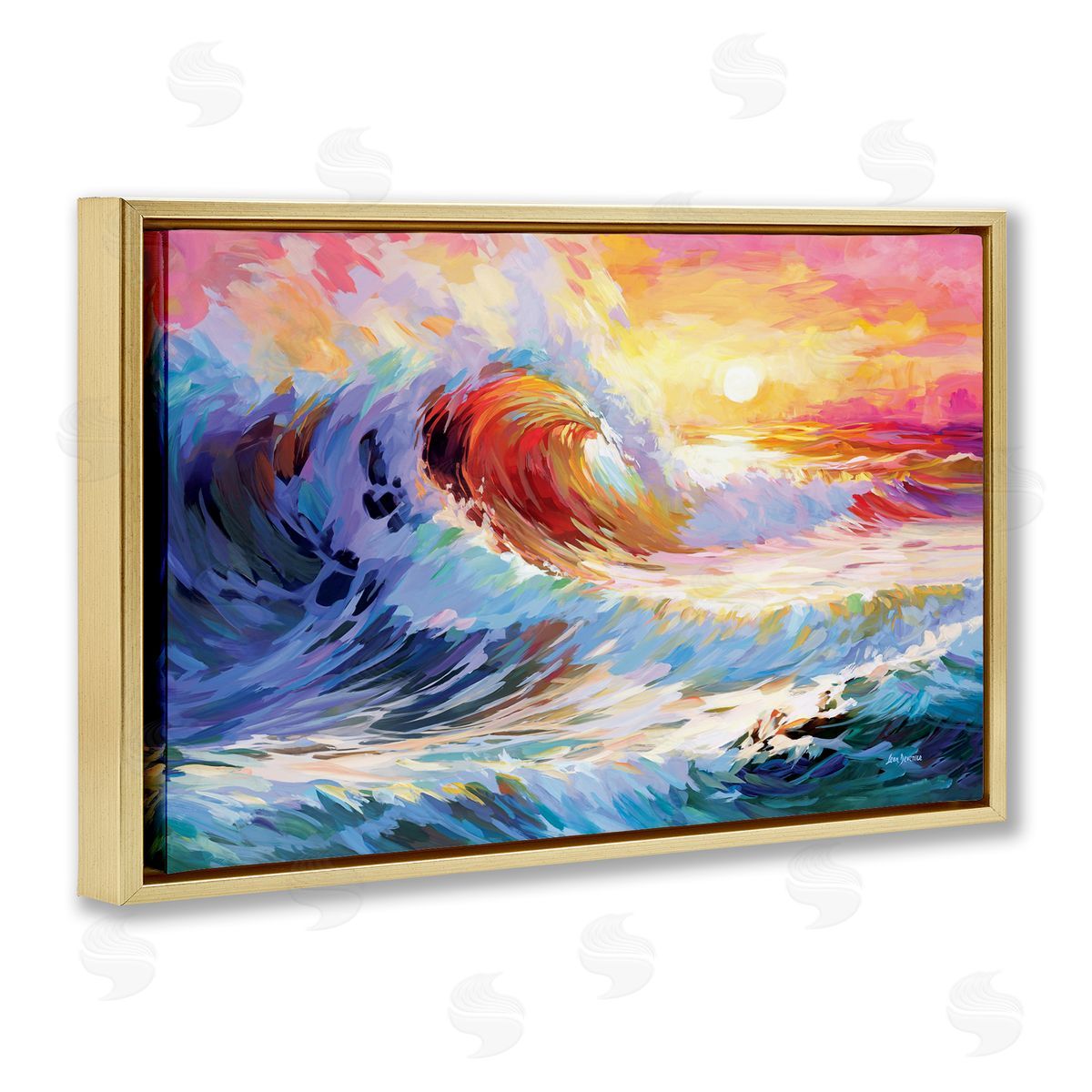 Sunrise over Ocean Wave Gold Floating Frame Canvas Wall Art, Home Decor by Leon Devenice