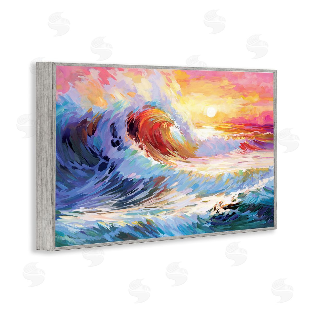 Sunrise over Ocean Wave Grey Frame Print Wall Art, Home Decor by Leon Devenice