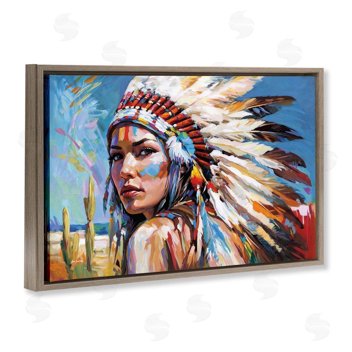Native American Woman Portrait Brown Floating Frame Canvas Wall Art, Home Decor by Leon Devenice