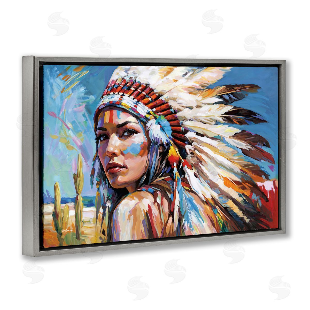 Native American Woman Portrait Grey Floating Frame Canvas Wall Art, Home Decor by Leon Devenice