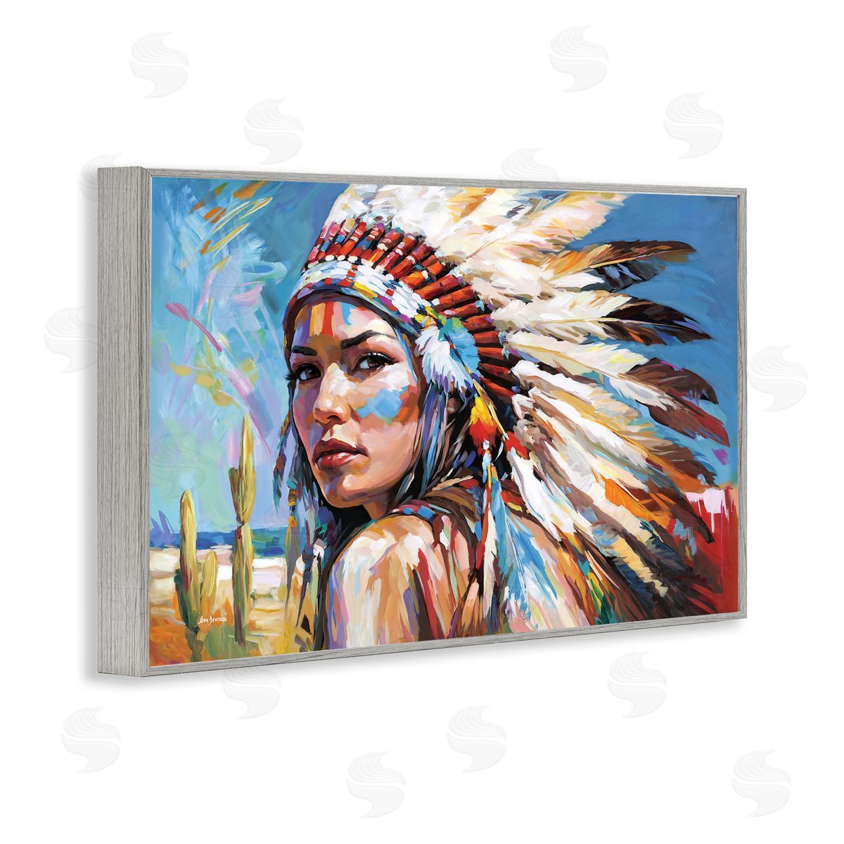Native American Woman Portrait Grey Frame Print Wall Art, Home Decor by Leon Devenice