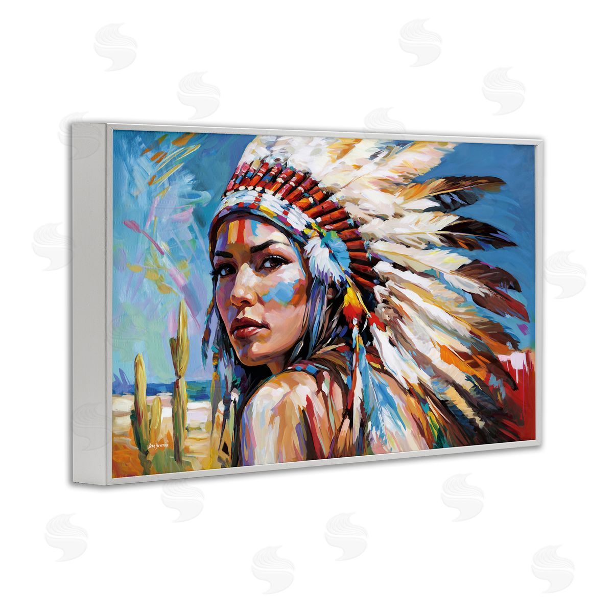 Native American Woman Portrait White Frame Print Wall Art, Home Decor by Leon Devenice