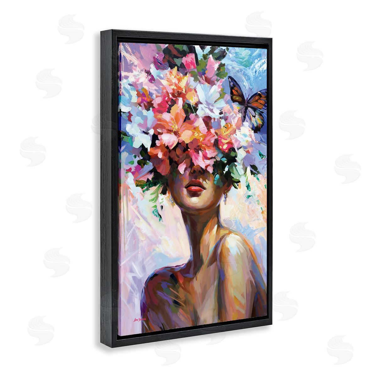 Surrounded By Florals Black Floating Frame Canvas Wall Art, Home Decor by Leon Devenice