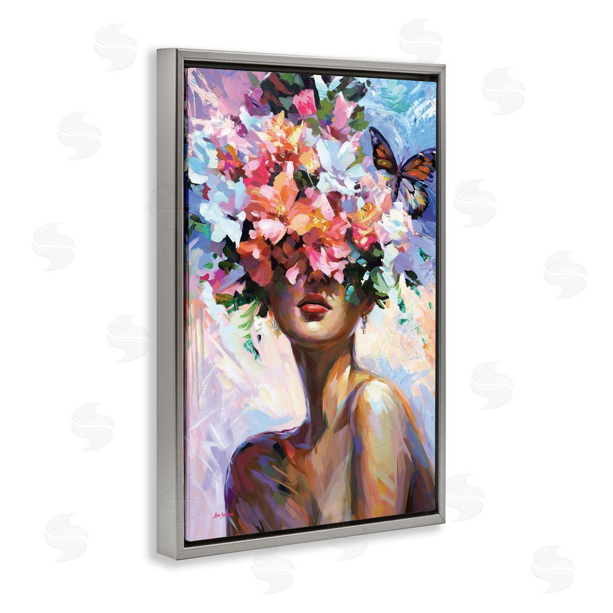 Surrounded By Florals Grey Floating Frame Canvas Wall Art, Home Decor by Leon Devenice