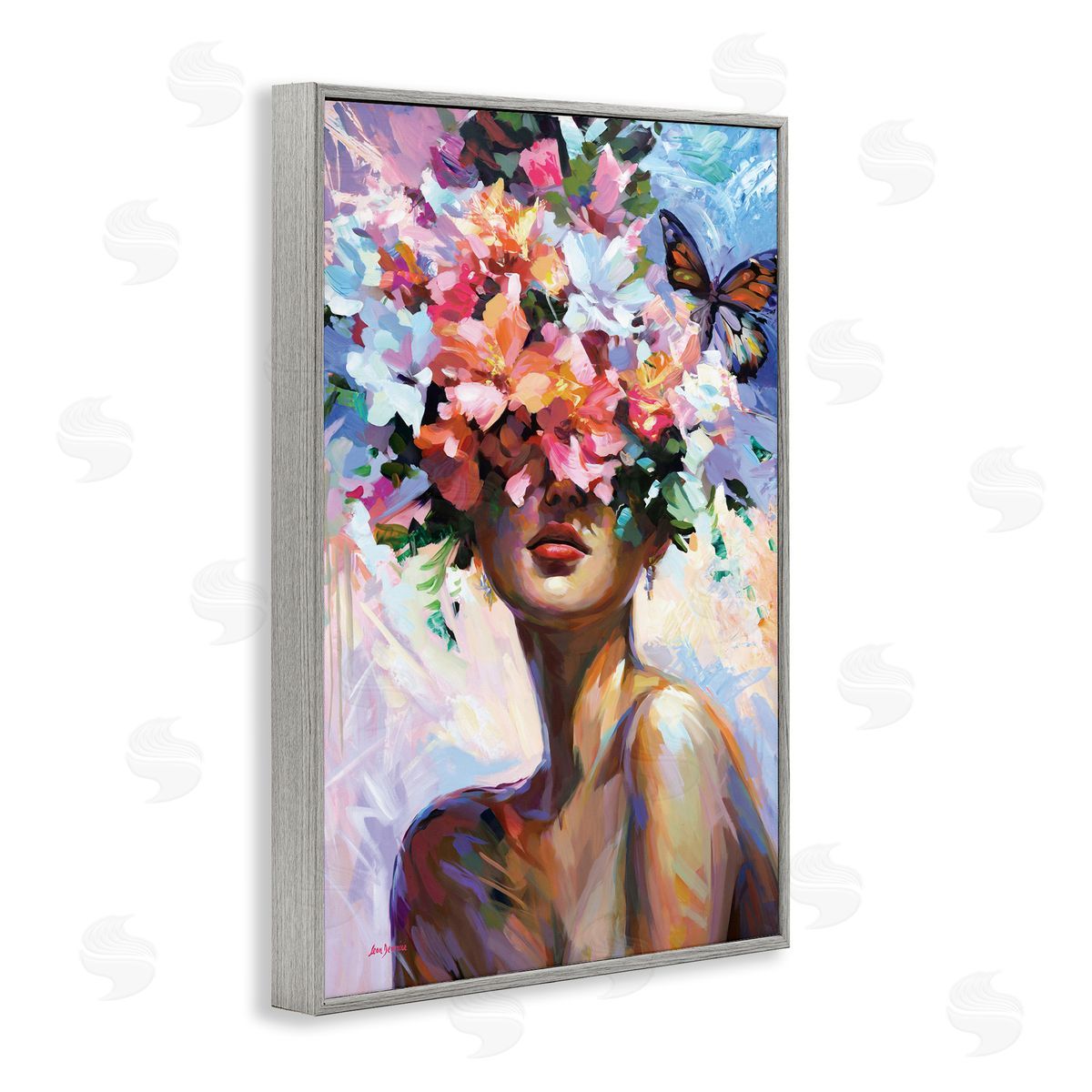 Surrounded By Florals Grey Frame Print Wall Art, Home Decor by Leon Devenice