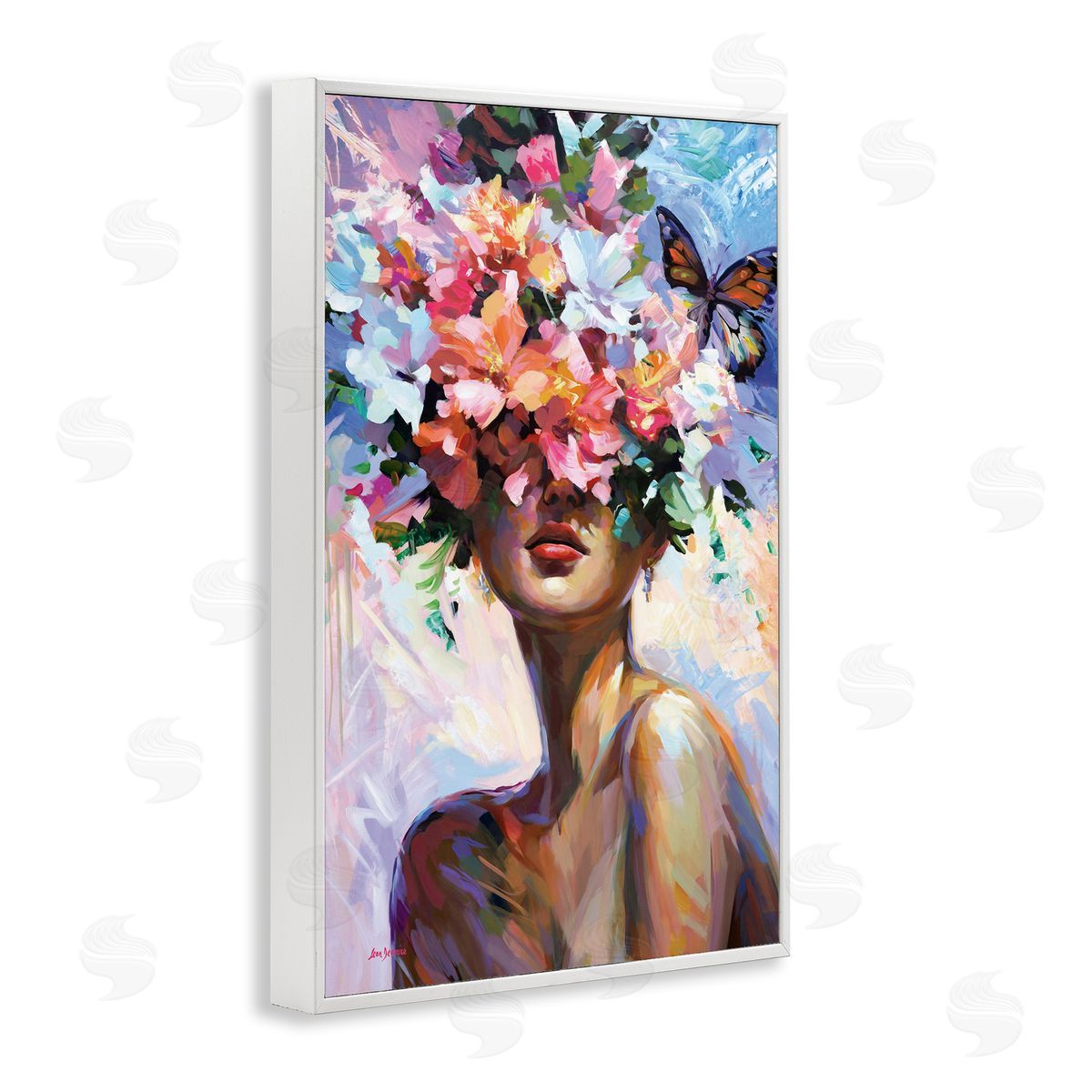 Surrounded By Florals White Frame Print Wall Art, Home Decor by Leon Devenice