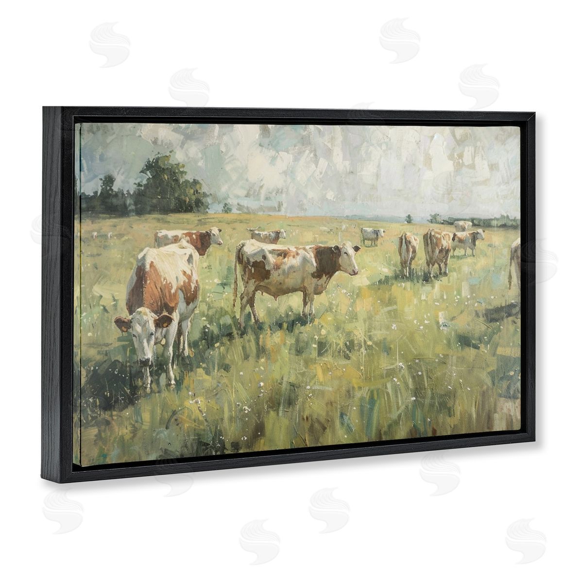 Roaming Cows in Grasslands Black Floating Frame Canvas Wall Art, Home Decor by LSR Design Studio