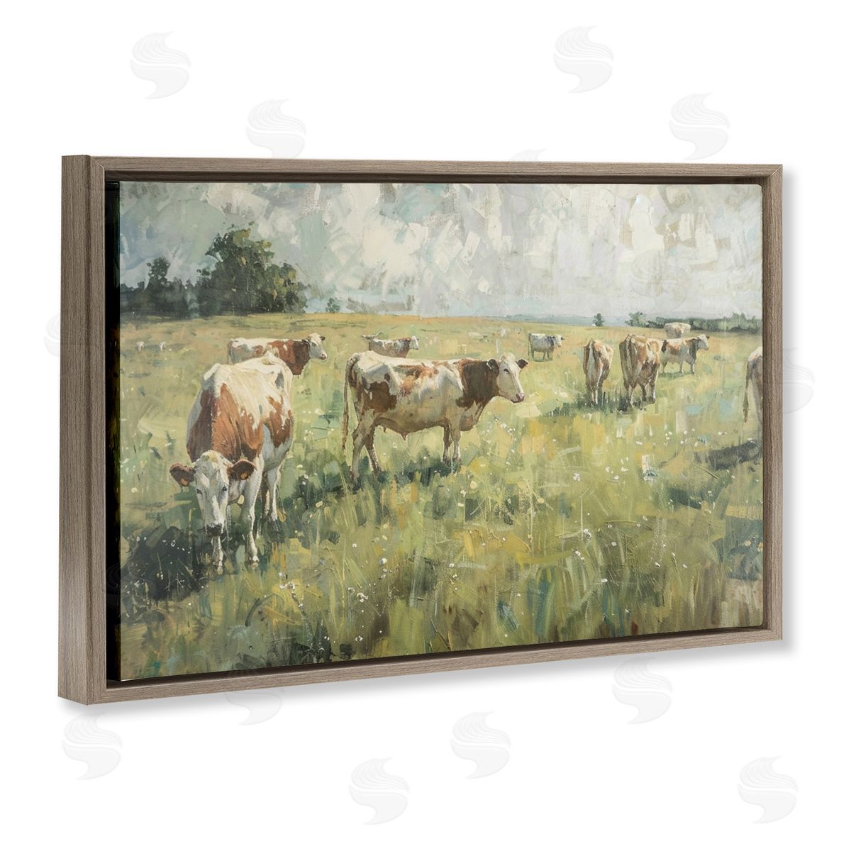 Roaming Cows in Grasslands Brown Floating Frame Canvas Wall Art, Home Decor by LSR Design Studio