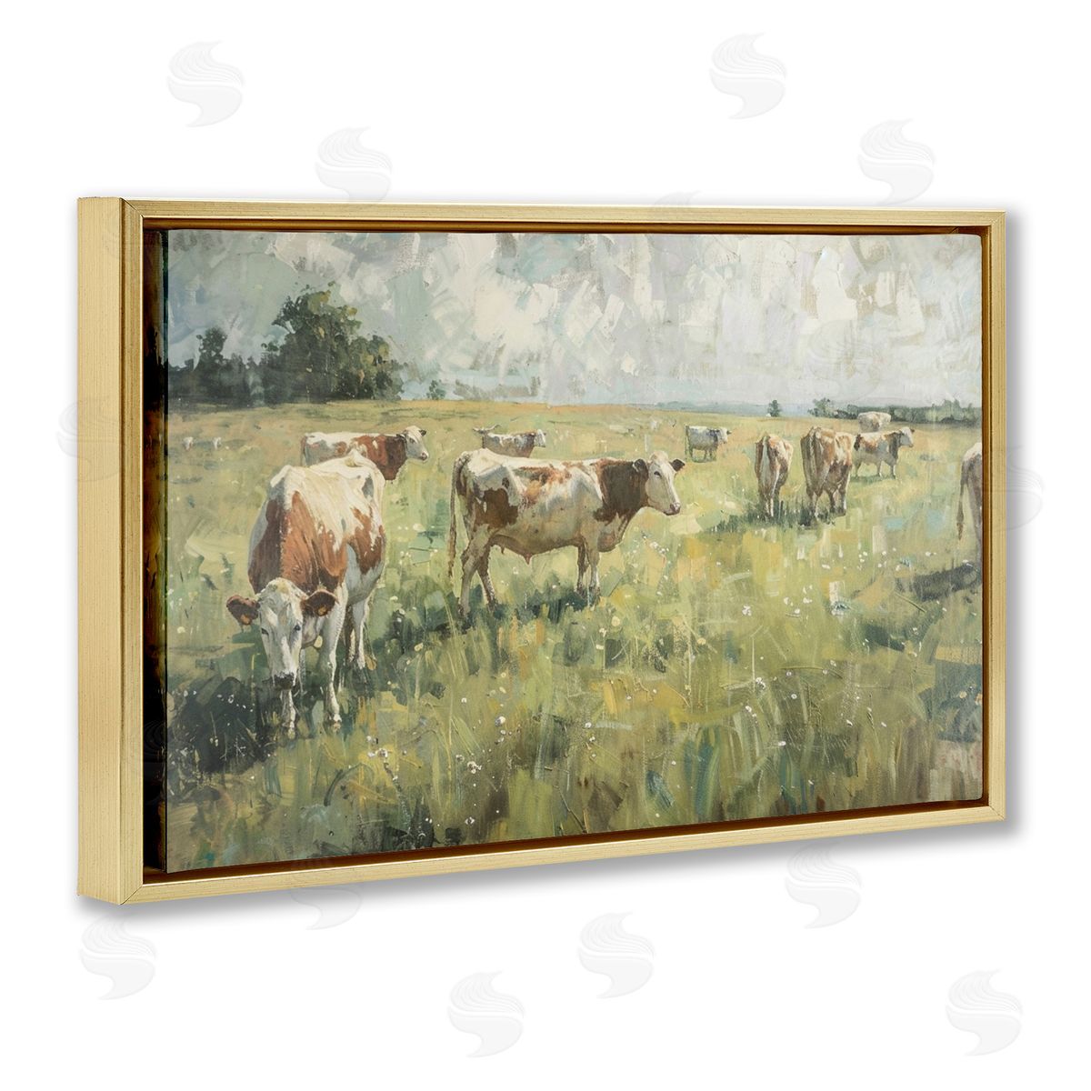 Roaming Cows in Grasslands Gold Floating Frame Canvas Wall Art, Home Decor by LSR Design Studio
