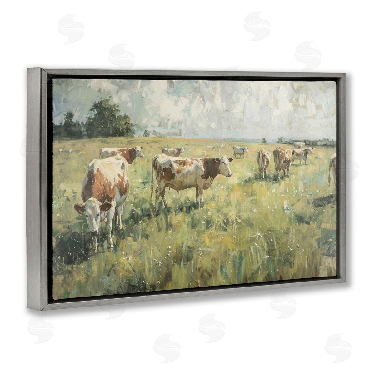 Roaming Cows in Grasslands Grey Floating Frame Canvas Wall Art, Home Decor by LSR Design Studio
