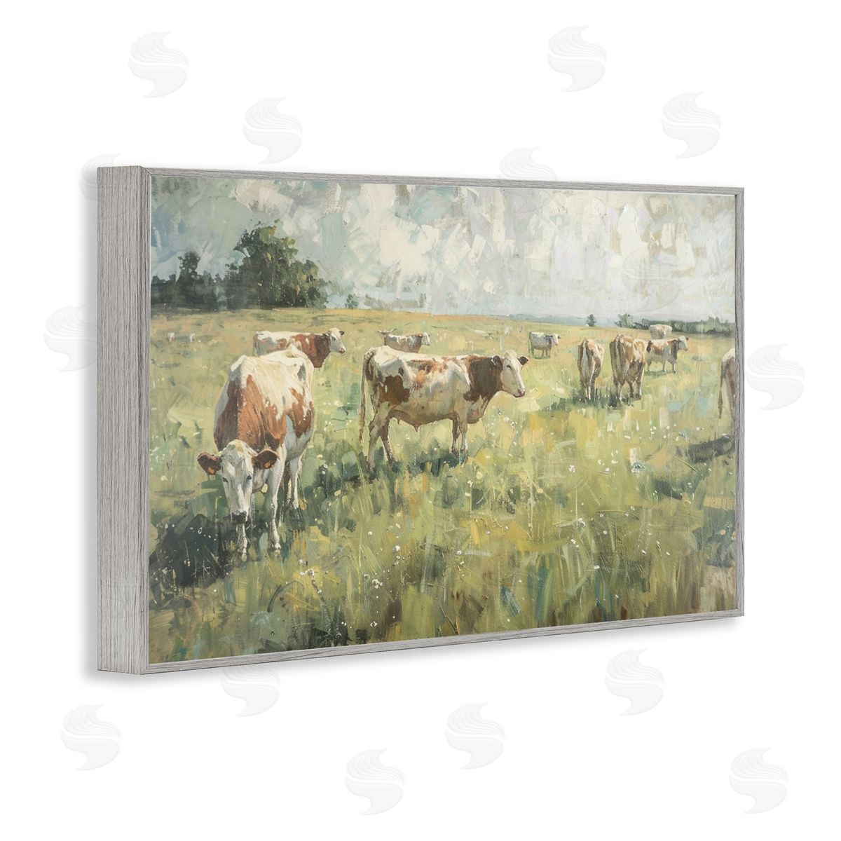Roaming Cows in Grasslands Grey Frame Print Wall Art, Home Decor by LSR Design Studio