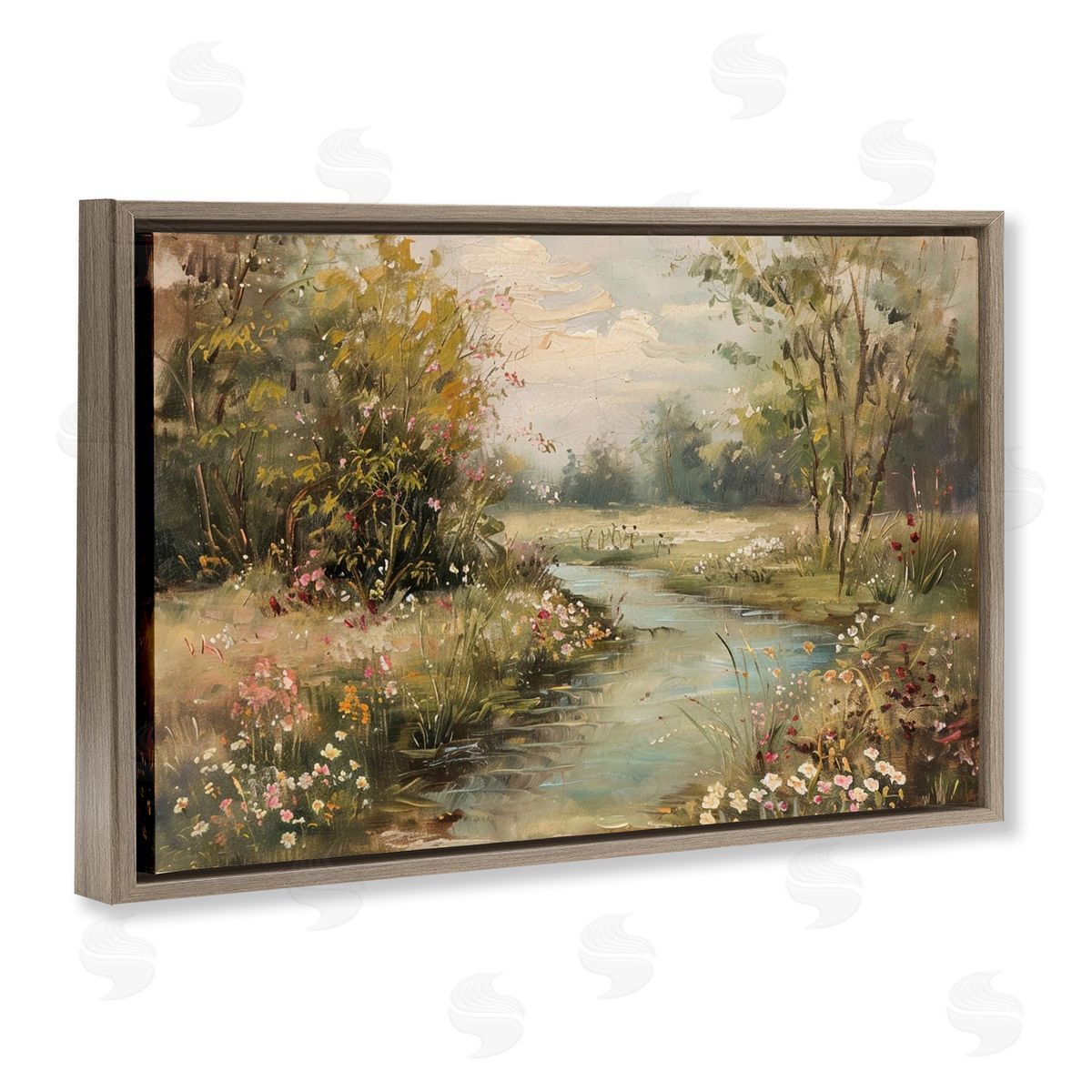 Spring Stream Landscape Brown Floating Frame Canvas Wall Art, Home Decor by LSR Design Studio