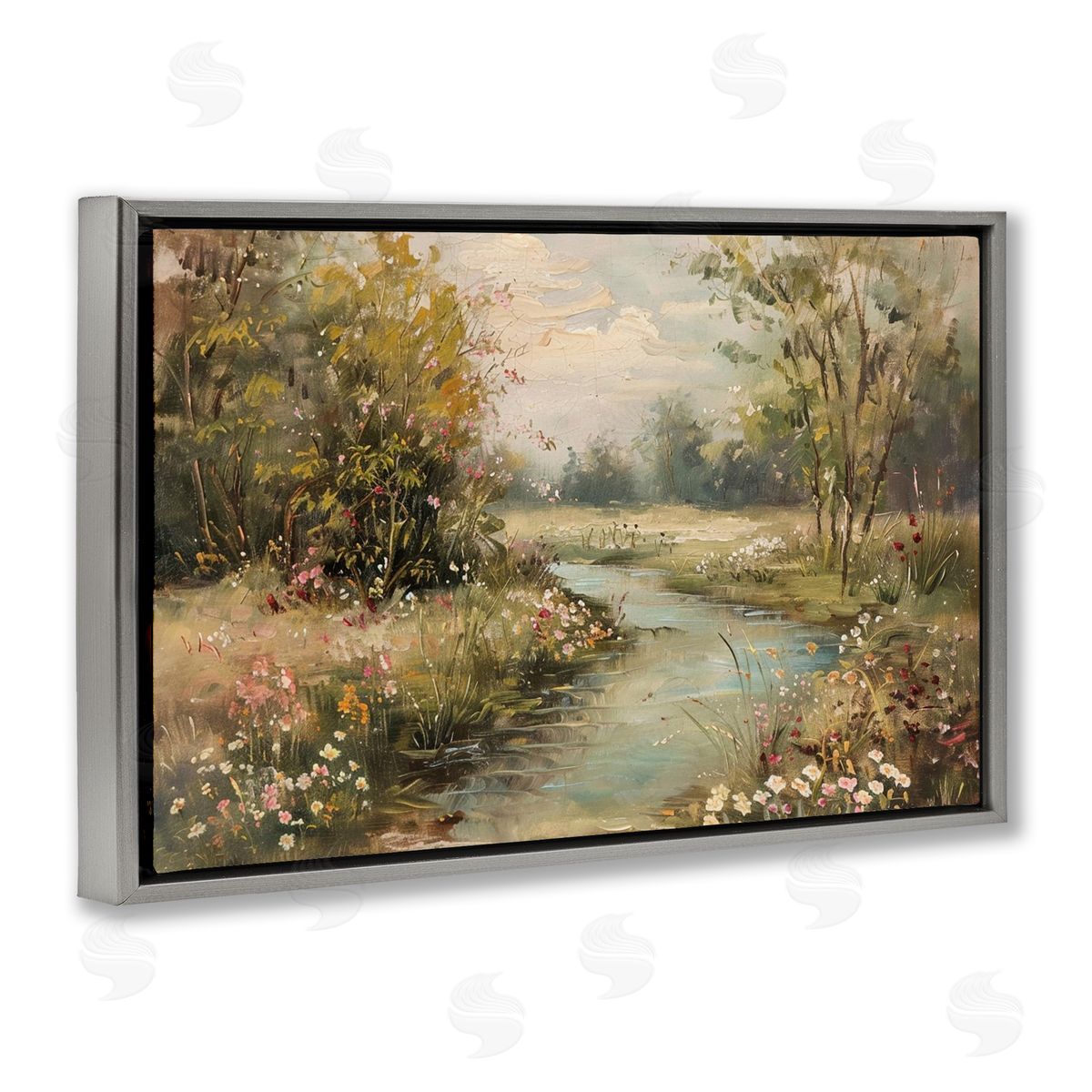 Spring Stream Landscape Grey Floating Frame Canvas Wall Art, Home Decor by LSR Design Studio
