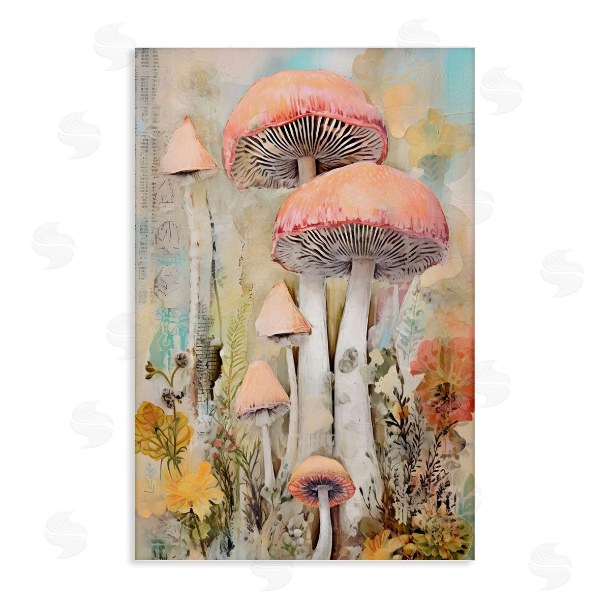 Soft Collaged Mushrooms Canvas Wall Art, Home Decor by LSR Design Studio