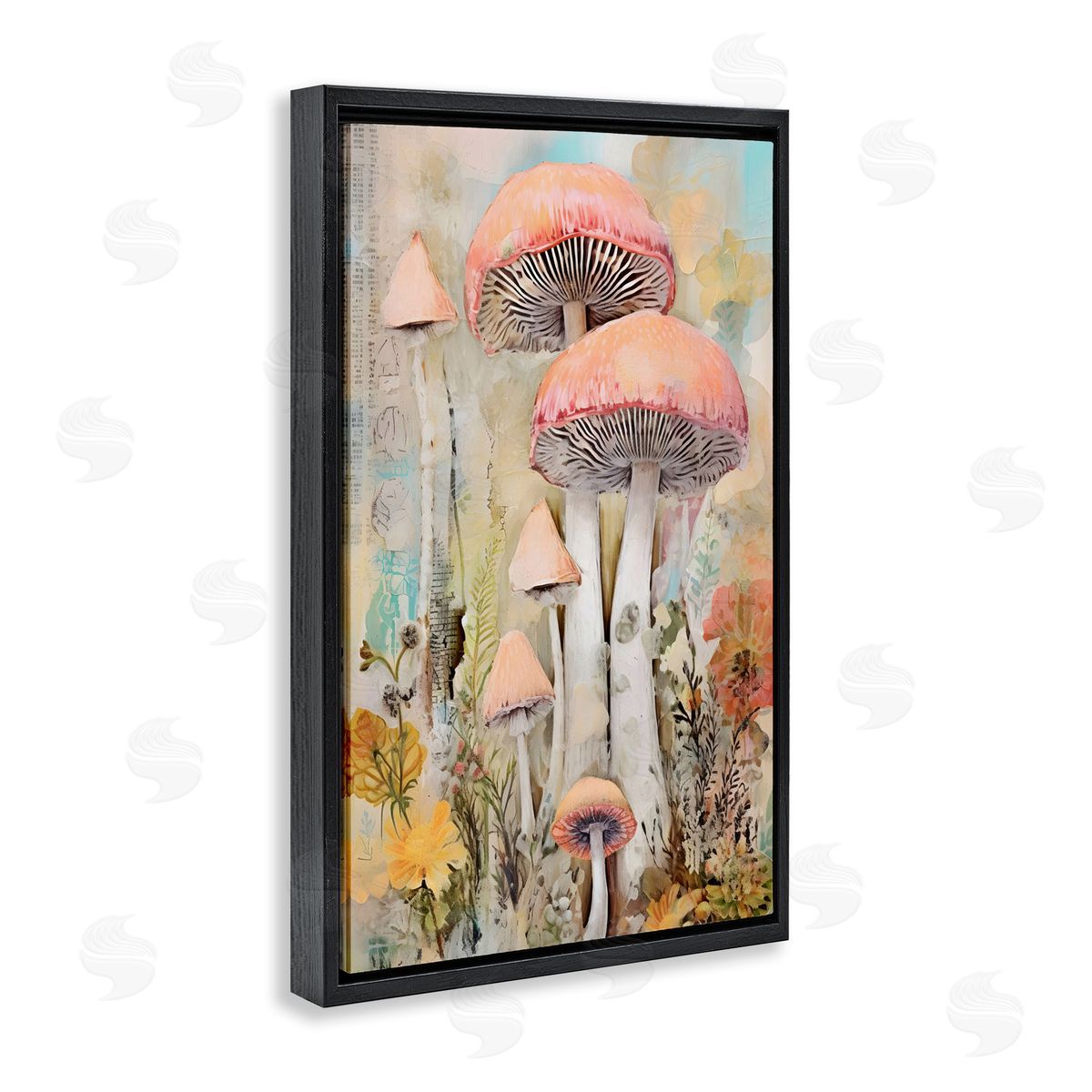 Soft Collaged Mushrooms Black Floating Frame Canvas Wall Art, Home Decor by LSR Design Studio