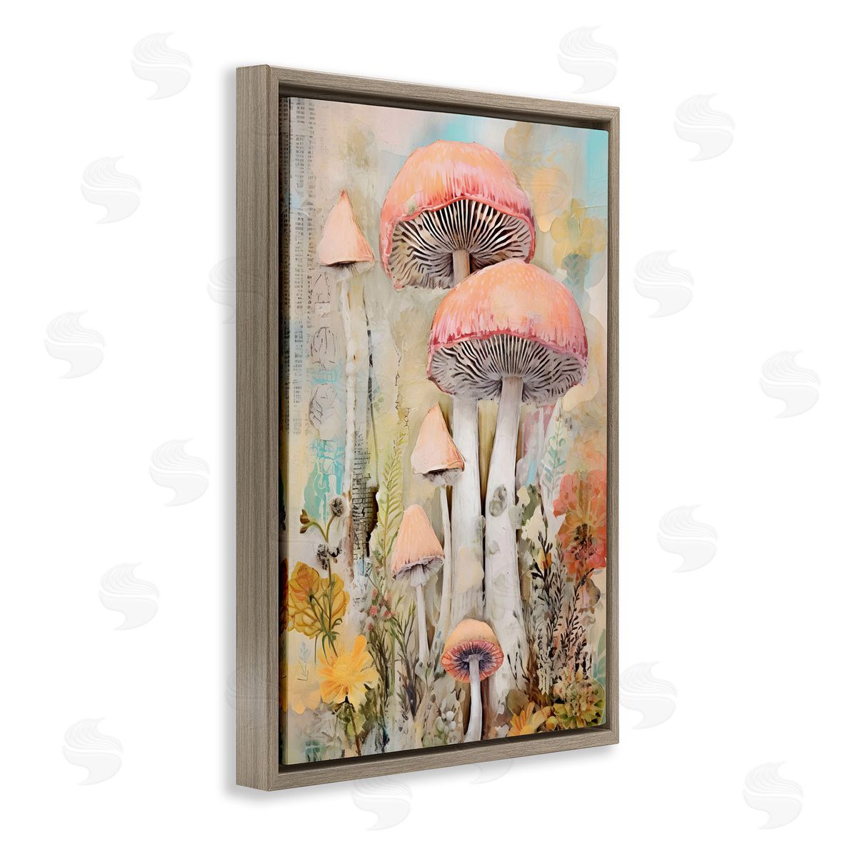 Soft Collaged Mushrooms Brown Floating Frame Canvas Wall Art, Home Decor by LSR Design Studio