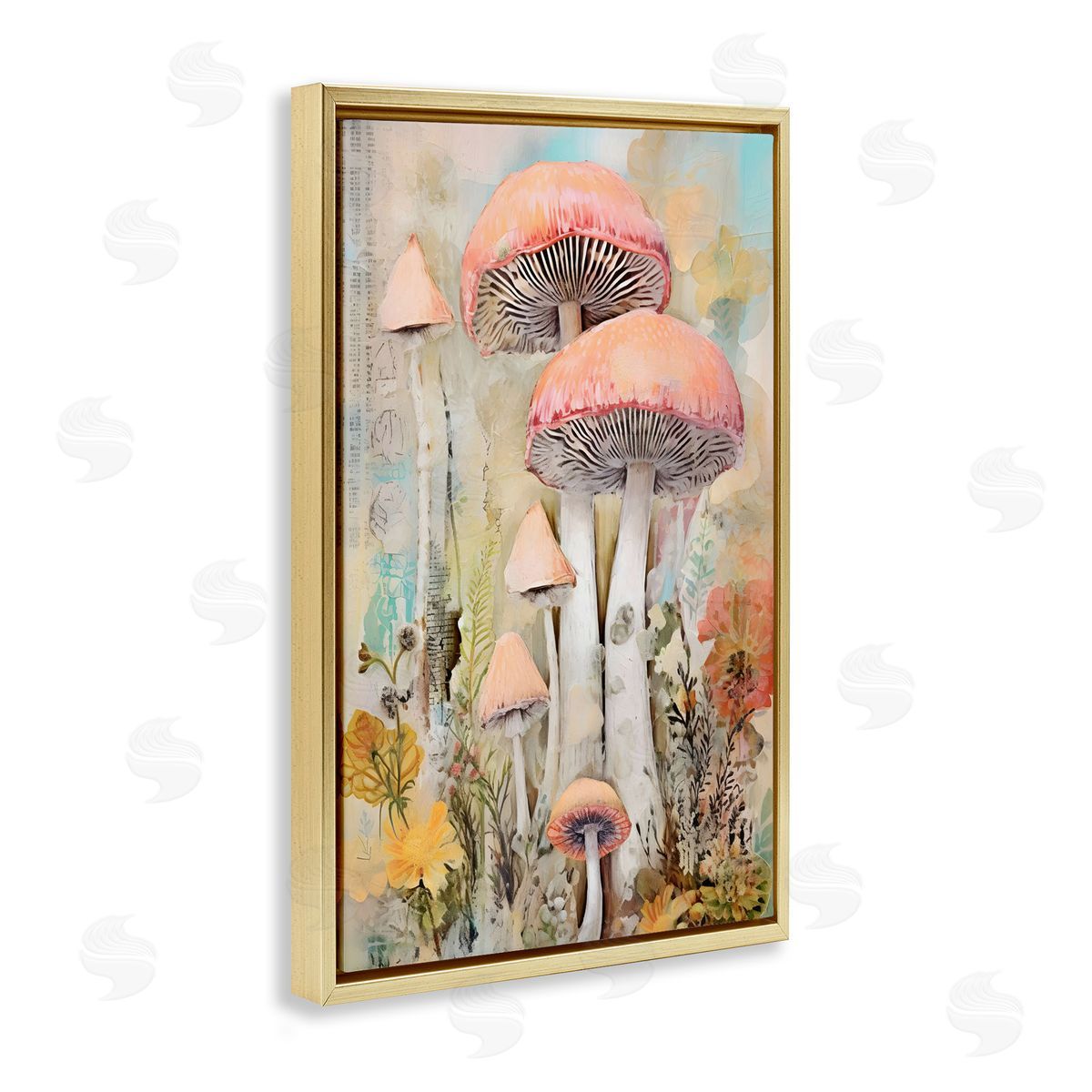 Soft Collaged Mushrooms Gold Floating Frame Canvas Wall Art, Home Decor by LSR Design Studio