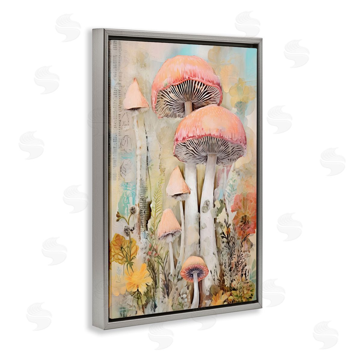 Soft Collaged Mushrooms Grey Floating Frame Canvas Wall Art, Home Decor by LSR Design Studio