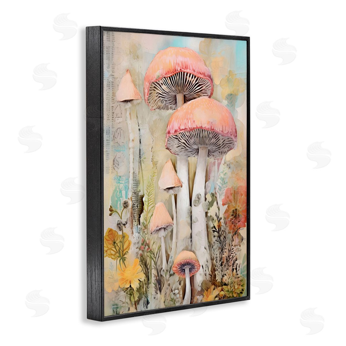 Soft Collaged Mushrooms Black Frame Print Wall Art, Home Decor by LSR Design Studio