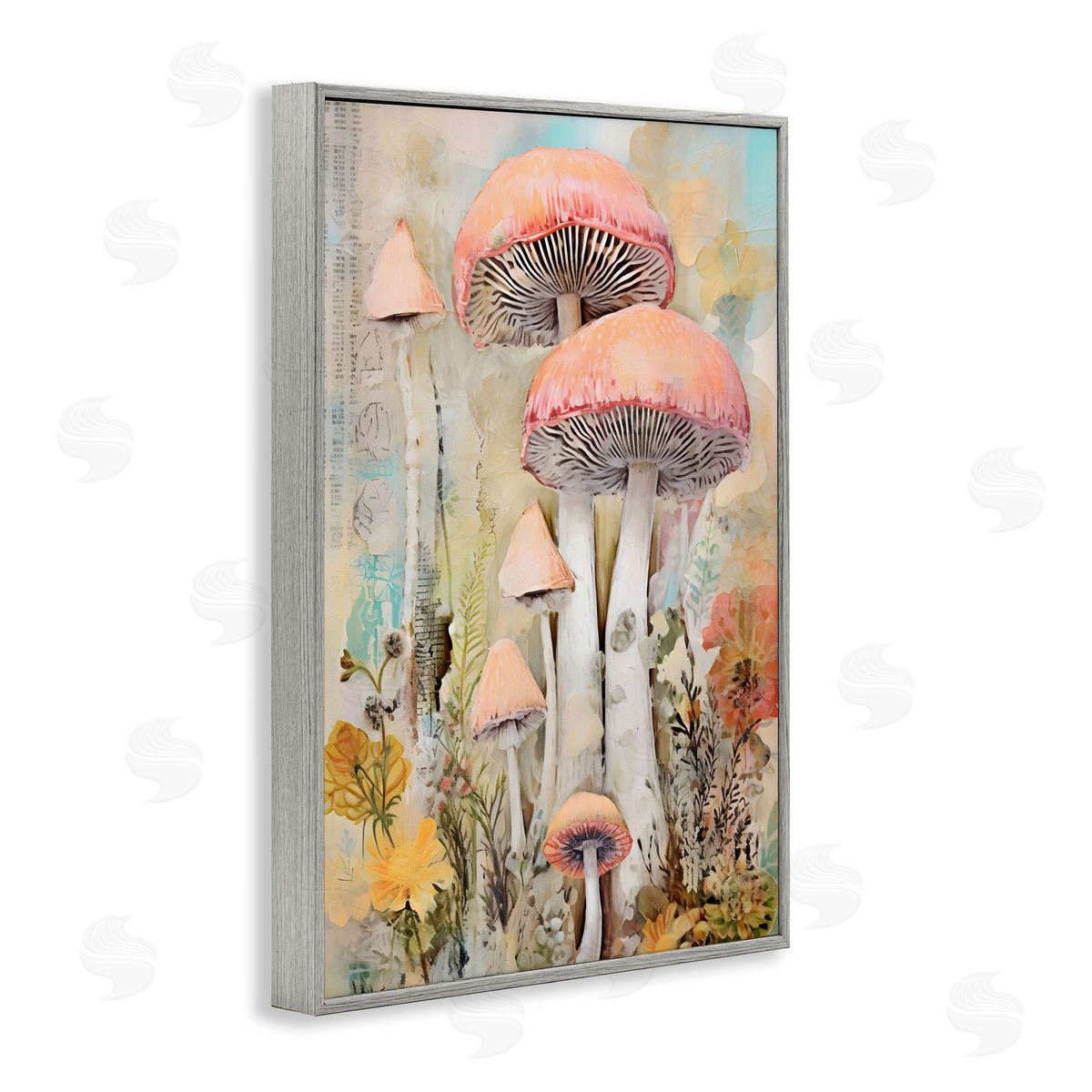 Soft Collaged Mushrooms Grey Frame Print Wall Art, Home Decor by LSR Design Studio
