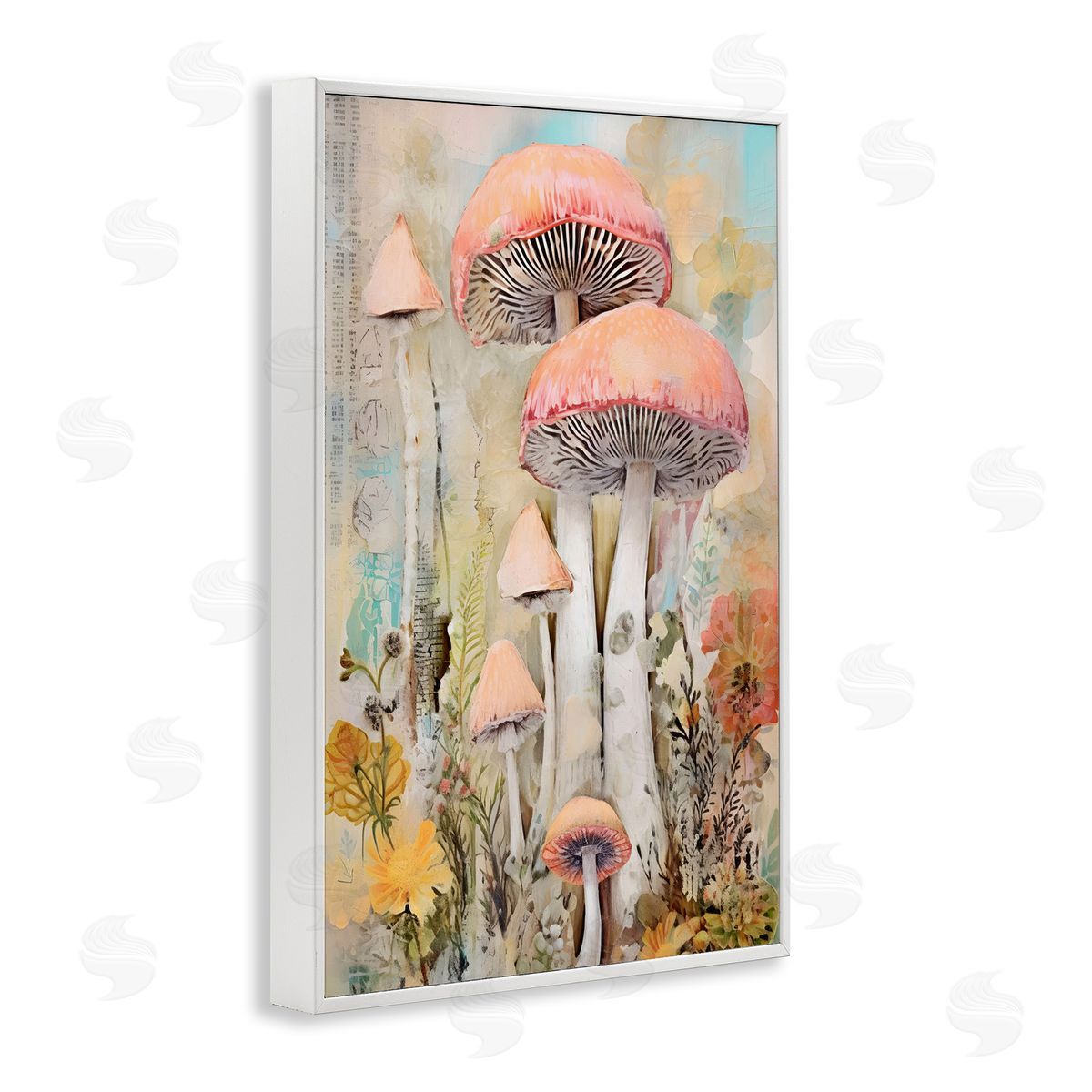 Soft Collaged Mushrooms White Frame Print Wall Art, Home Decor by LSR Design Studio