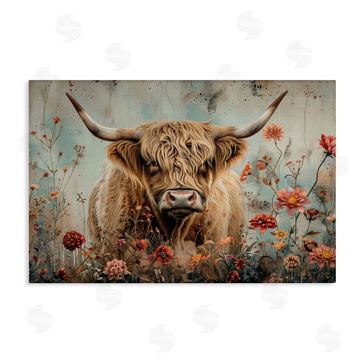 Spring Blooms Highland Cow Canvas Wall Art, Home Decor by LSR Design Studio
