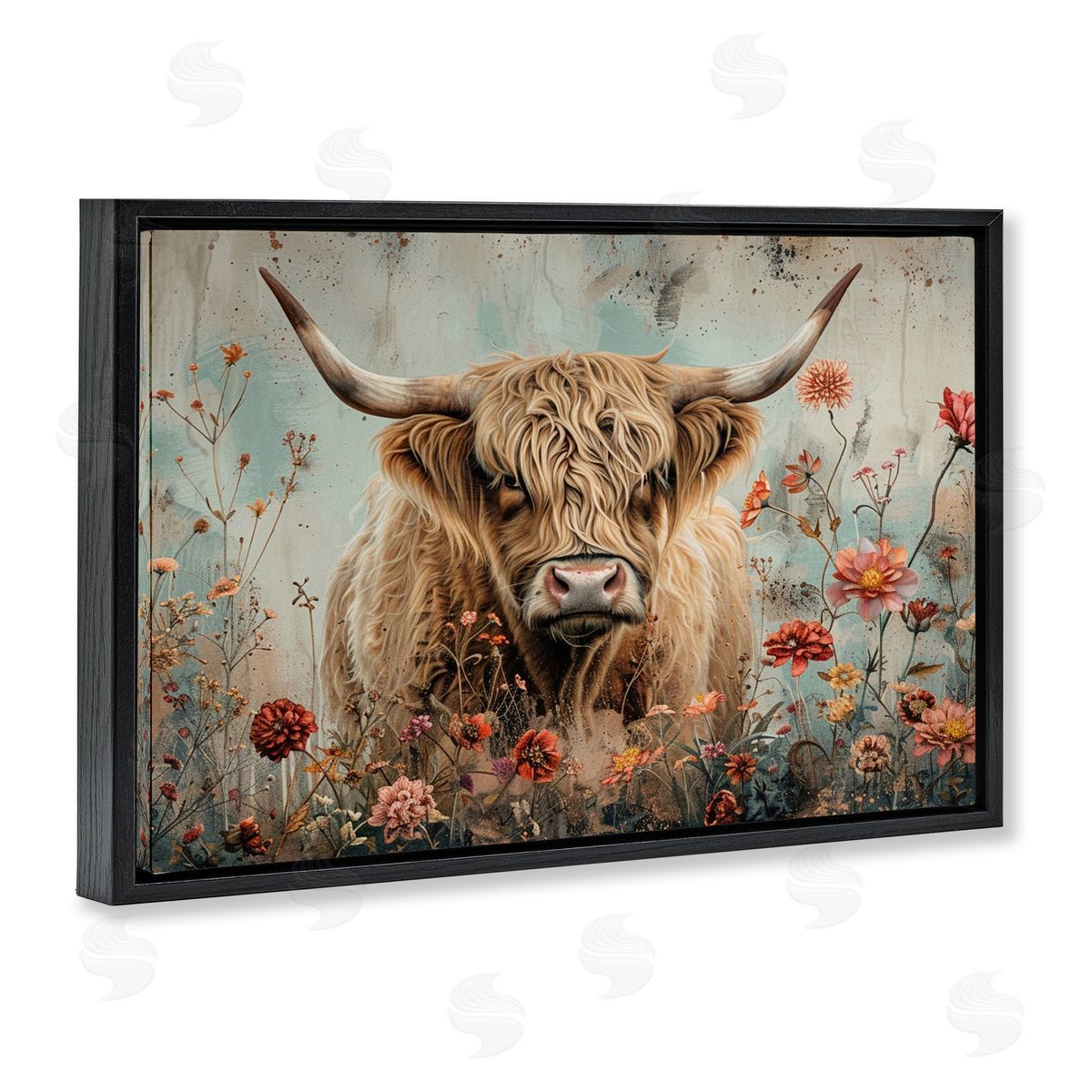 Spring Blooms Highland Cow Black Floating Frame Canvas Wall Art, Home Decor by LSR Design Studio