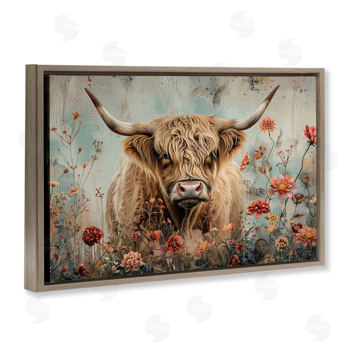 Spring Blooms Highland Cow Brown Floating Frame Canvas Wall Art, Home Decor by LSR Design Studio