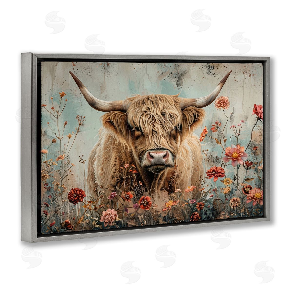 Spring Blooms Highland Cow Grey Floating Frame Canvas Wall Art, Home Decor by LSR Design Studio