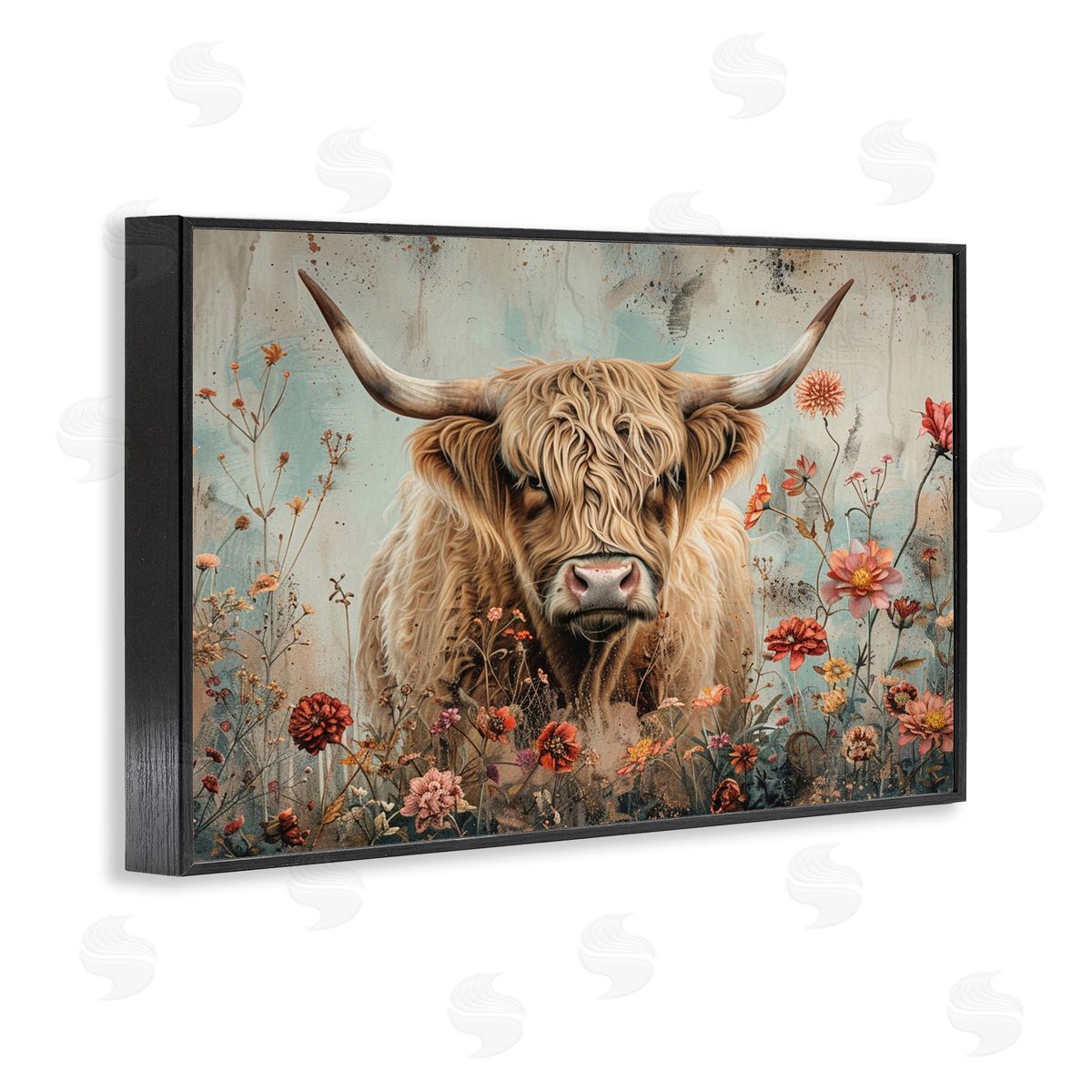 Spring Blooms Highland Cow Black Frame Print Wall Art, Home Decor by LSR Design Studio