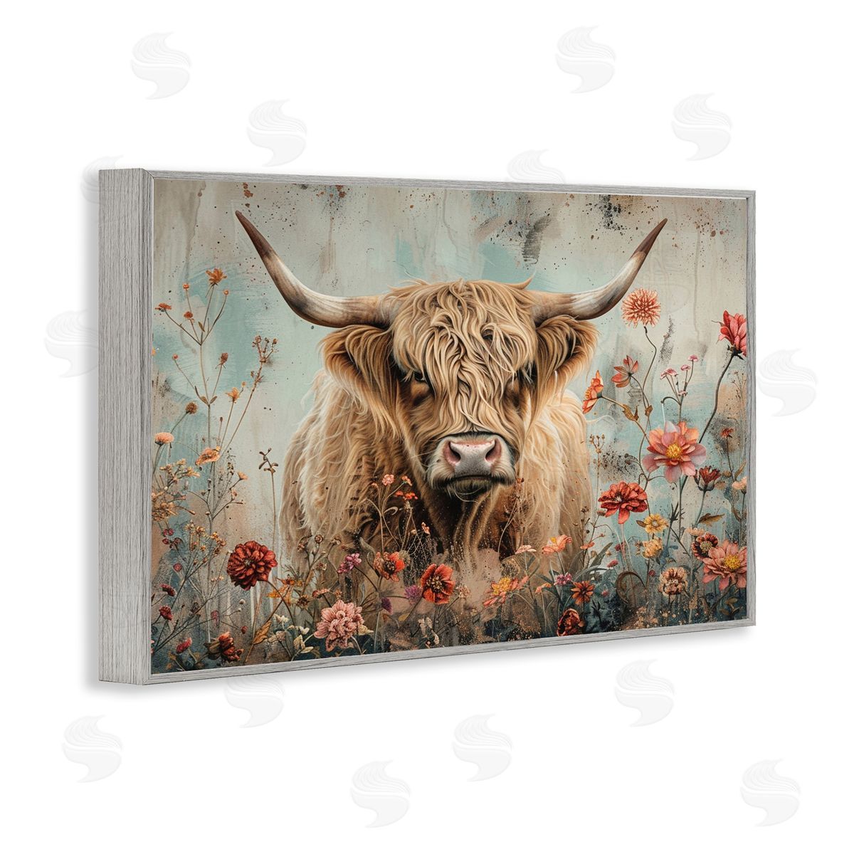 Spring Blooms Highland Cow Grey Frame Print Wall Art, Home Decor by LSR Design Studio