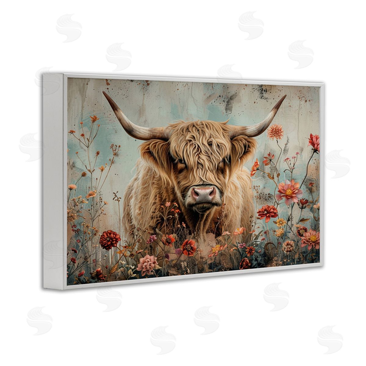 Spring Blooms Highland Cow White Frame Print Wall Art, Home Decor by LSR Design Studio