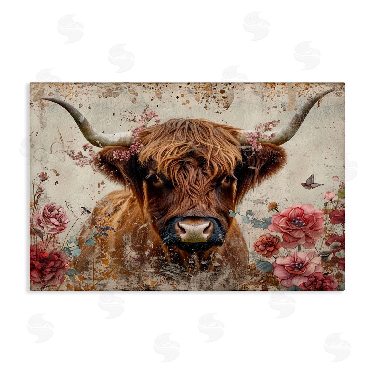 Highland Cow in Spring Canvas Wall Art, Home Decor by LSR Design Studio