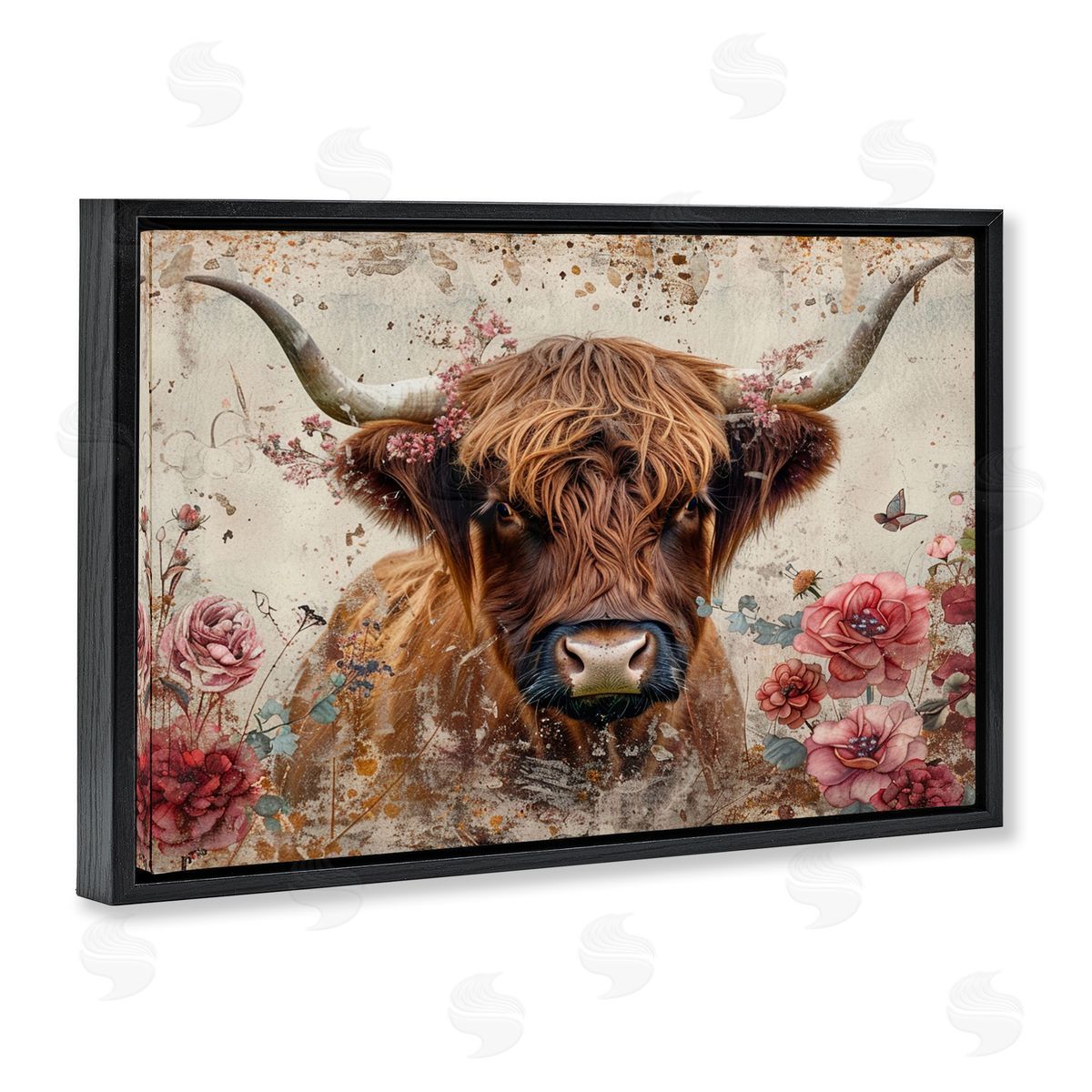 Highland Cow in Spring Black Floating Frame Canvas Wall Art, Home Decor by LSR Design Studio