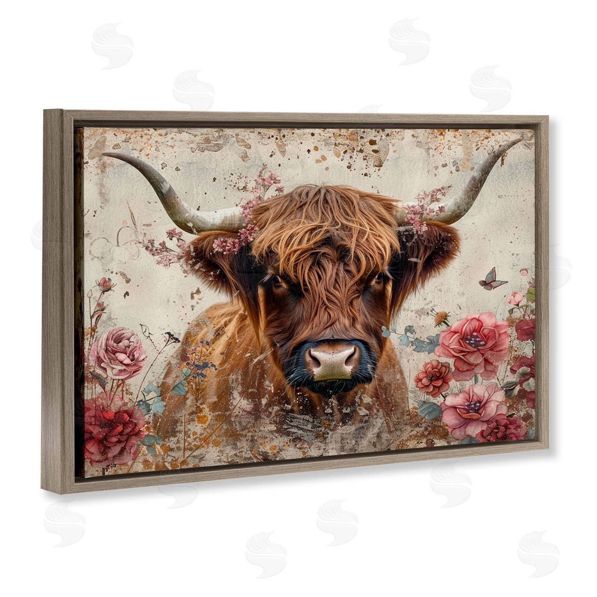 Highland Cow in Spring Brown Floating Frame Canvas Wall Art, Home Decor by LSR Design Studio