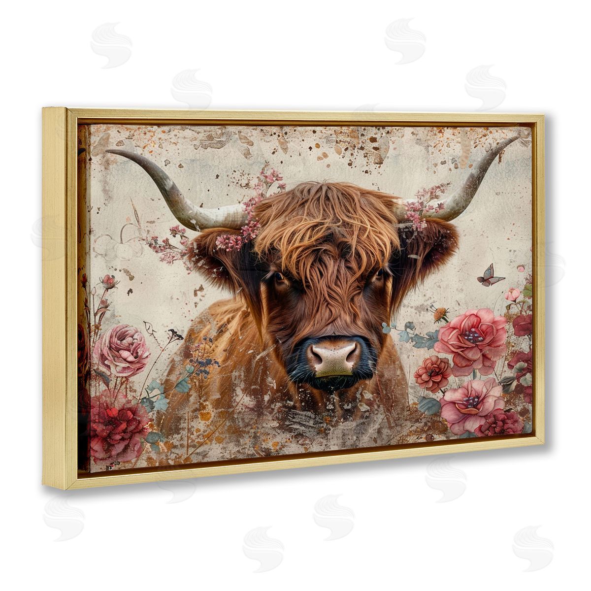 Highland Cow in Spring Gold Floating Frame Canvas Wall Art, Home Decor by LSR Design Studio
