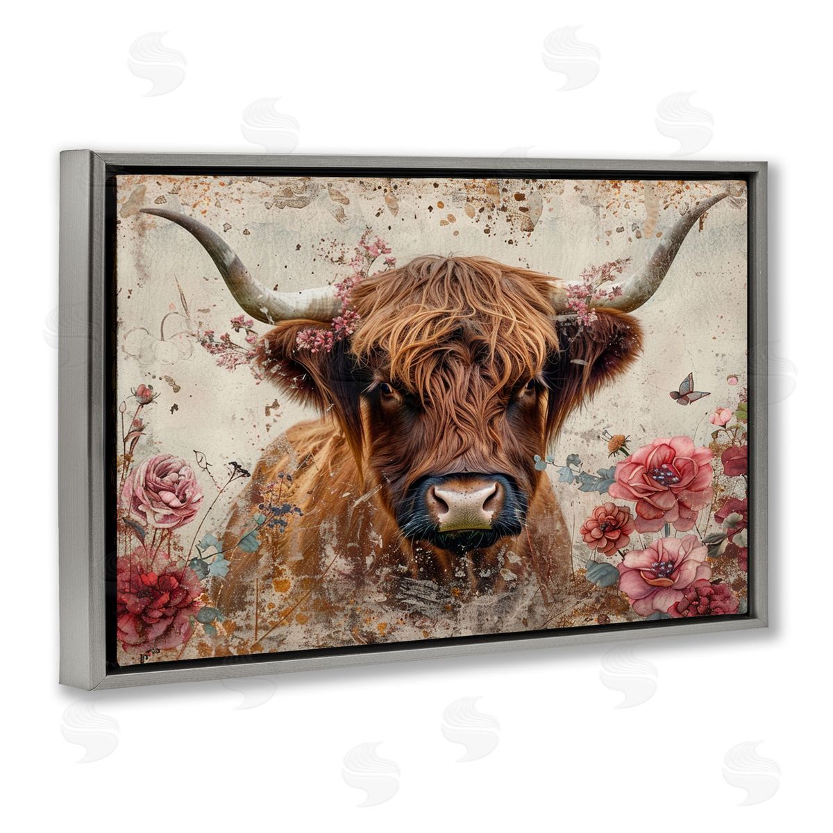 Highland Cow in Spring Grey Floating Frame Canvas Wall Art, Home Decor by LSR Design Studio