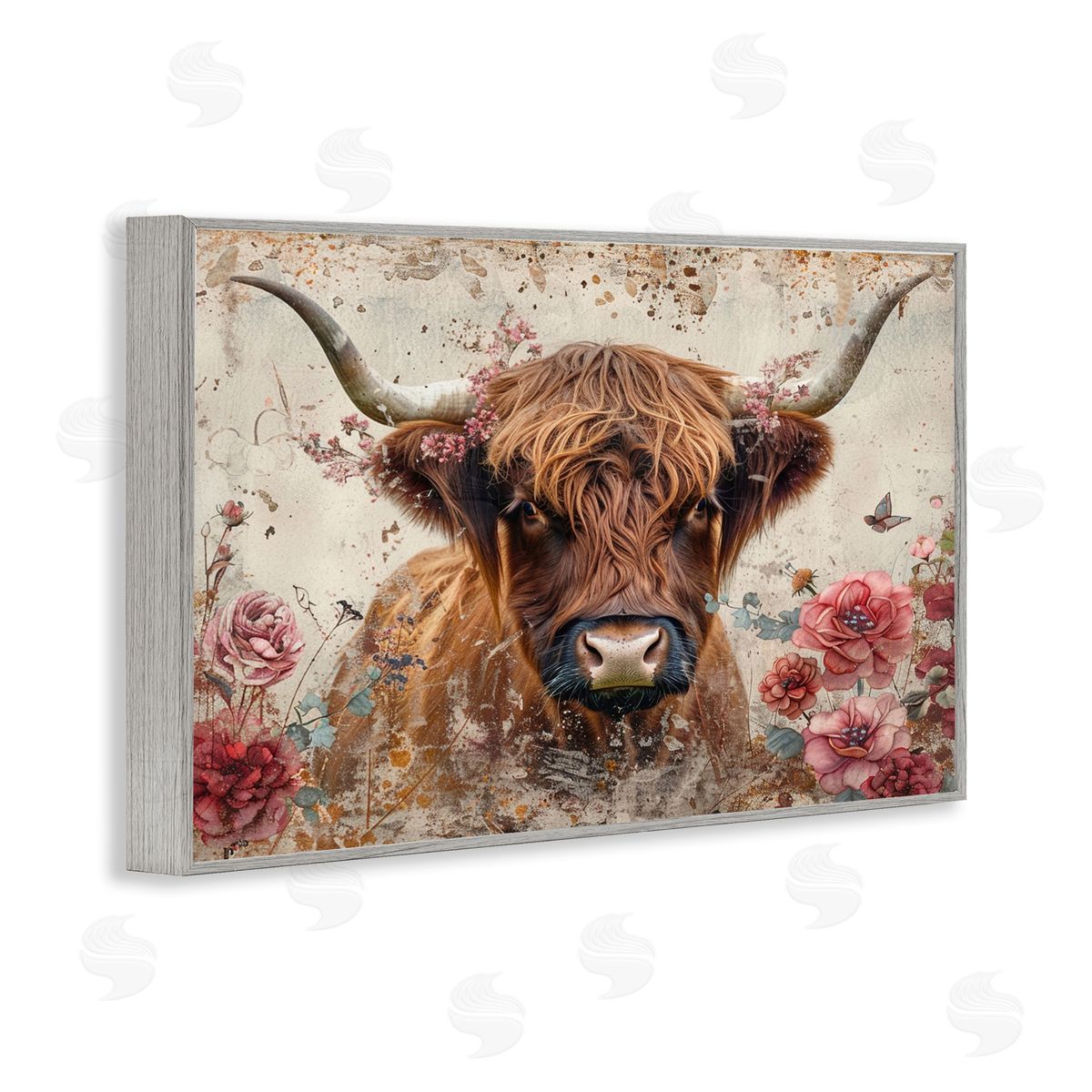 Highland Cow in Spring Grey Frame Print Wall Art, Home Decor by LSR Design Studio