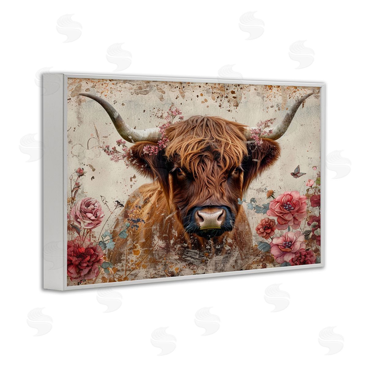 Highland Cow in Spring White Frame Print Wall Art, Home Decor by LSR Design Studio