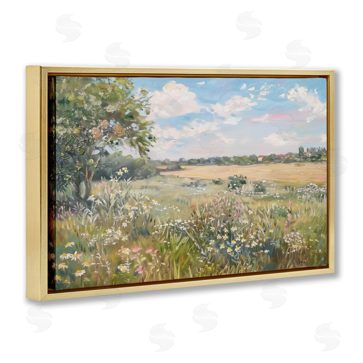 Vast Wildflower Field Gold Floating Frame Canvas Wall Art, Home Decor by LSR Design Studio