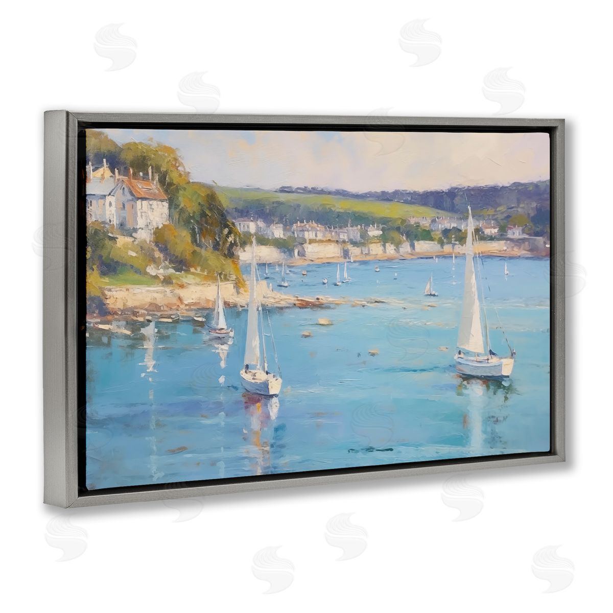 Sailboats Of The Shore Grey Floating Frame Canvas Wall Art, Home Decor by LSR Design Studio